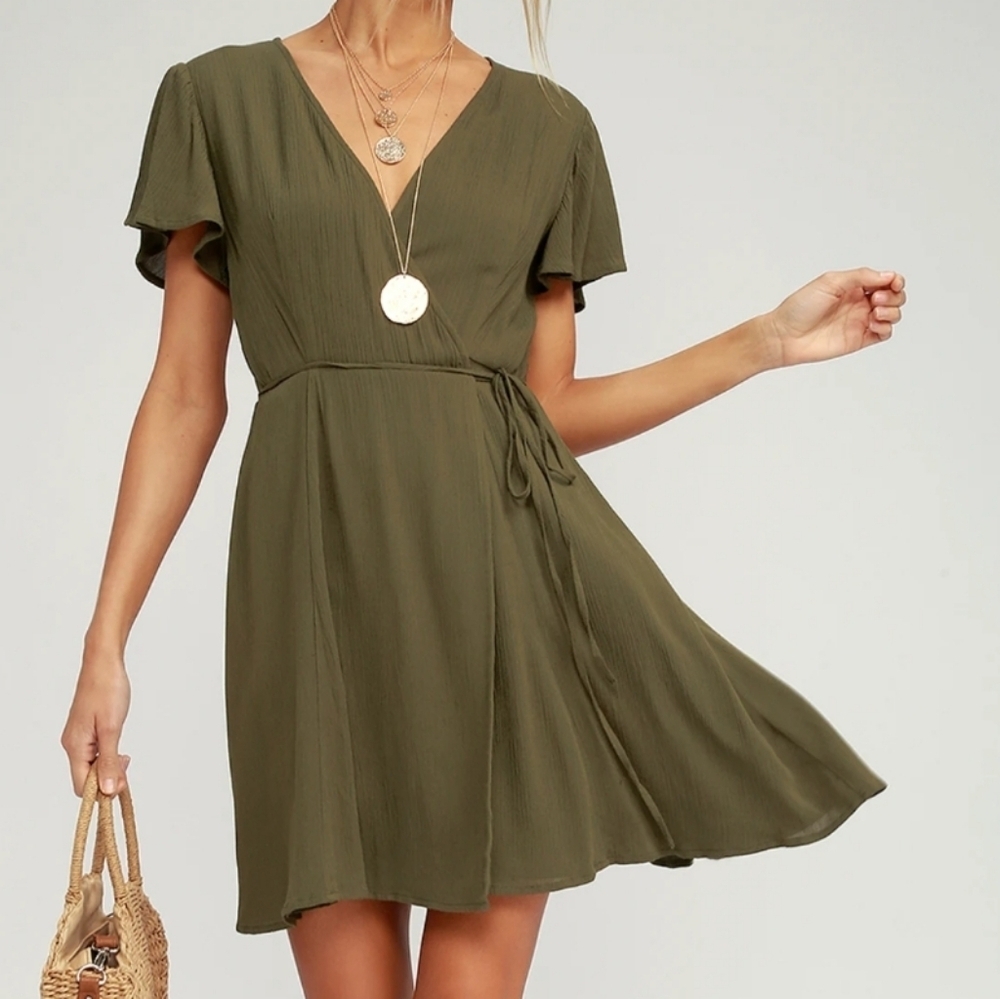 Lulus Harbor Point Olive Green Wrap Mini Dress